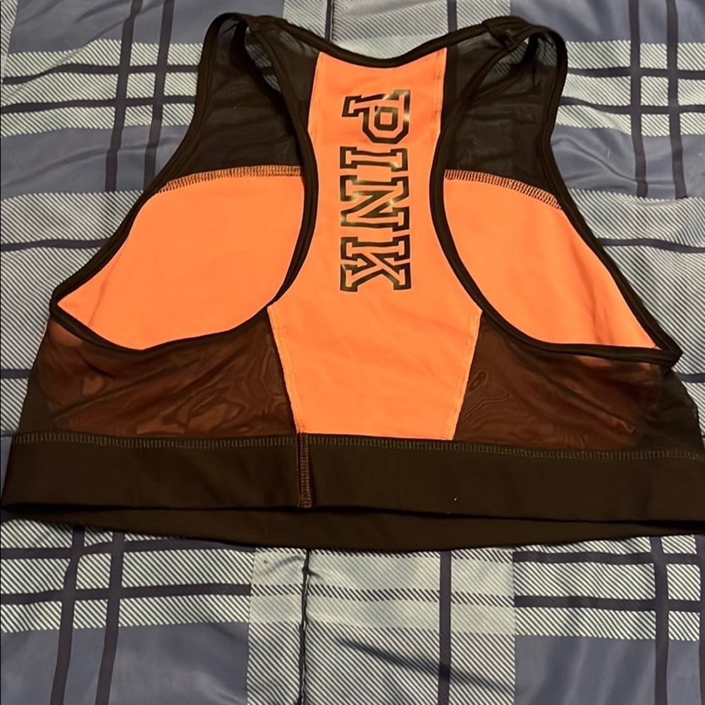 NWOT PINK Victoria's Secret Coral and Black mesh Racerback Sports Bra Large
